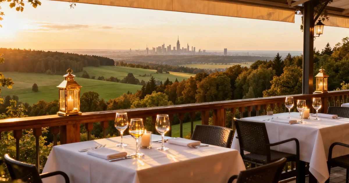 Restaurant-Terrasse mit Blick auf die Frankfurter Skyline und Taunus-H&uuml;gel im warmen Sonnenuntergangslicht