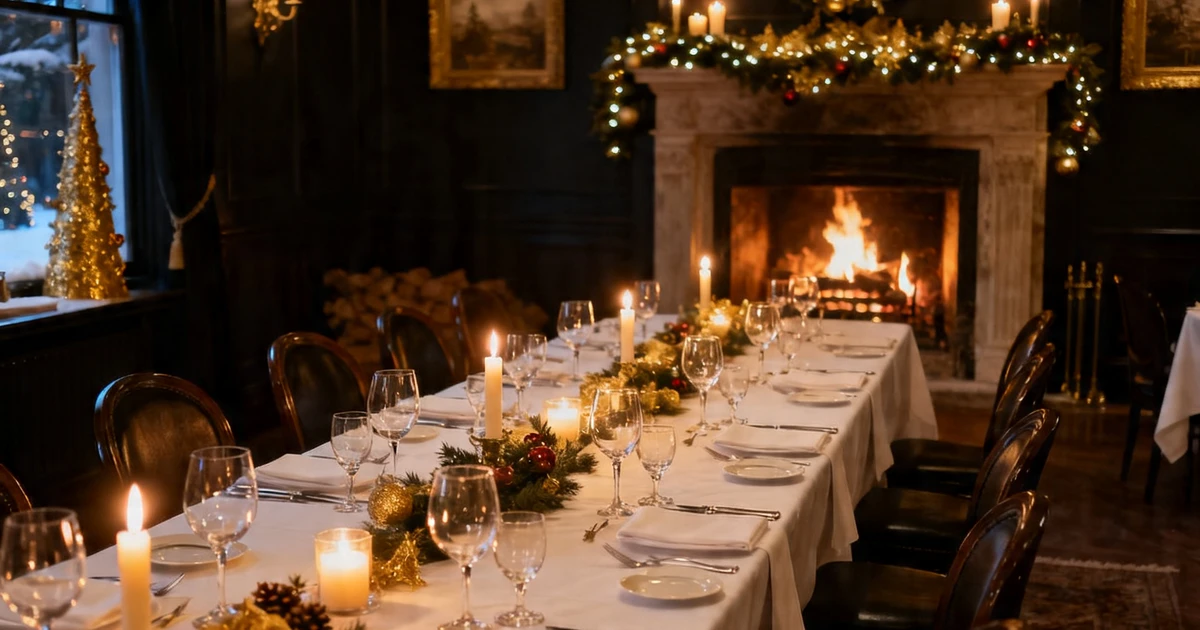 Festlich gedeckter Tisch f&uuml;r eine Firmenweihnachtsfeier im Restaurant mit Kerzenlicht und weihnachtlicher Dekoration
