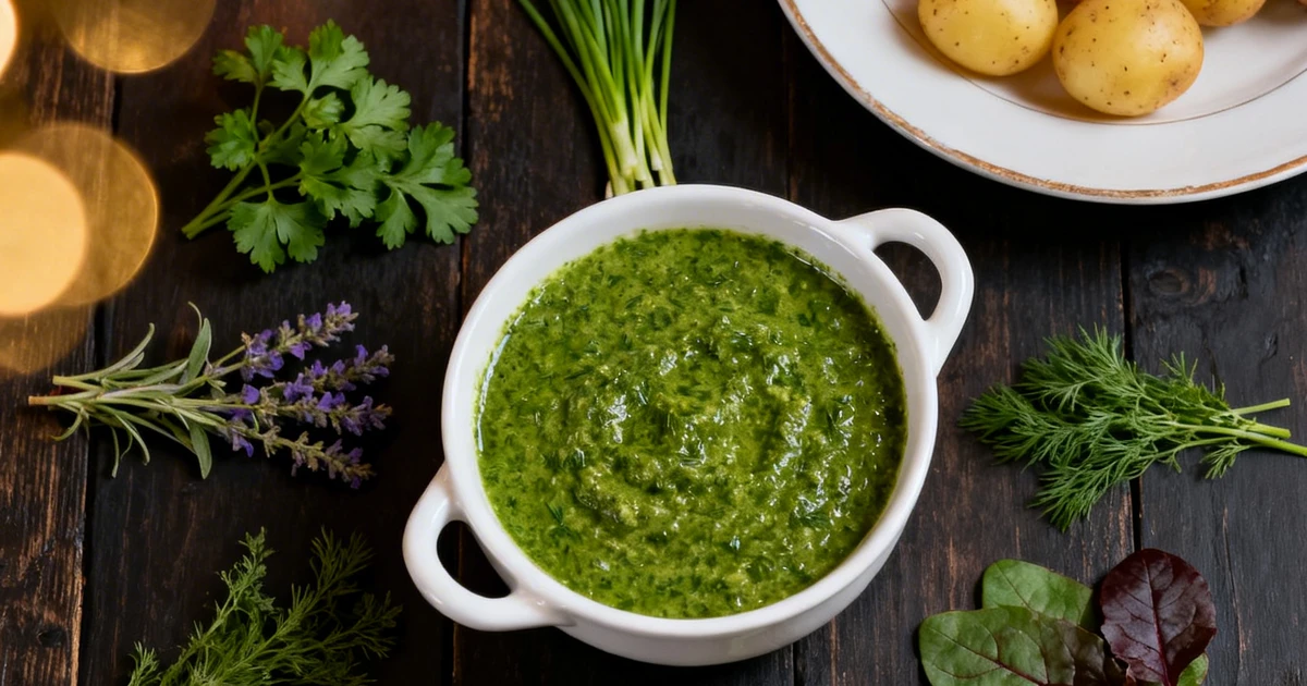 Frankfurter Gr&uuml;ne So&szlig;e mit Kartoffeln und Ei auf dunklem Restauranttisch &ndash; elegante Food-Fotografie