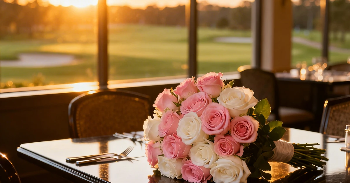 Rosenstrau&szlig; auf dem Restauranttisch bei Sonnenuntergang mit Blick &uuml;ber den Golfplatz &ndash; Muttertag in Bad Homburg