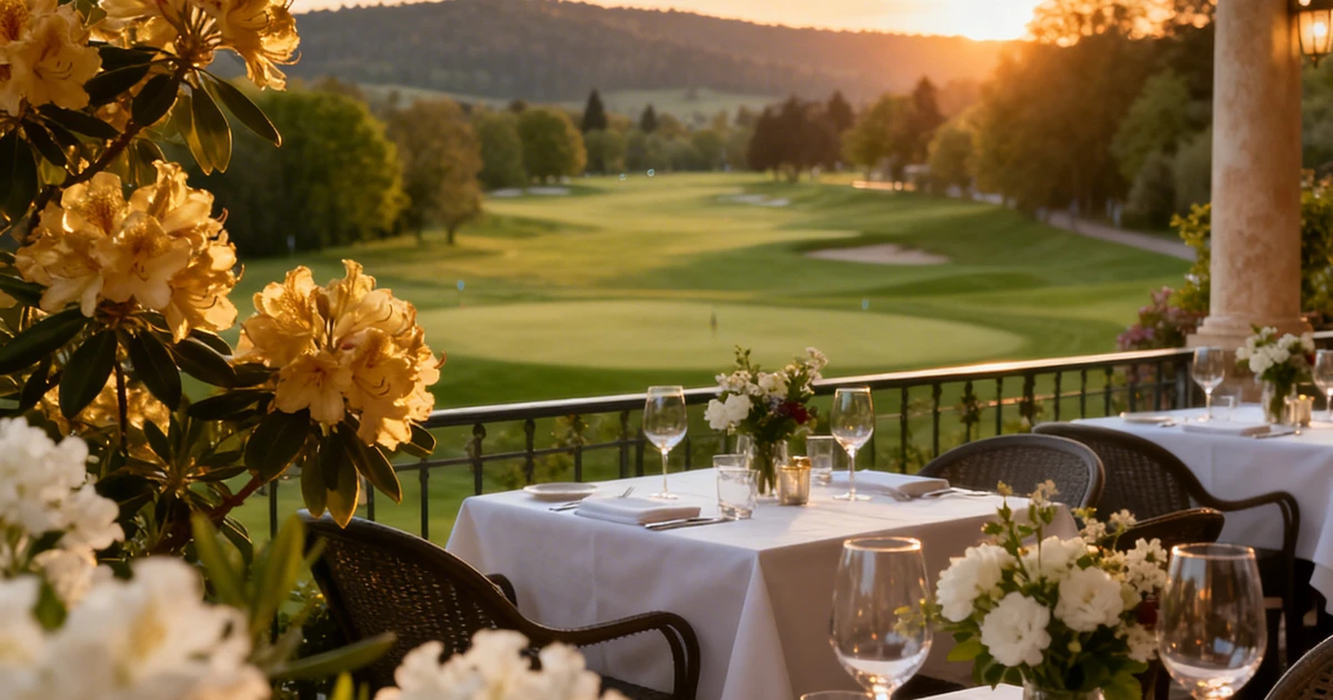 Restaurantterrasse mit Blick &uuml;ber den Golfplatz und die Taunus-H&uuml;gel im Fr&uuml;hsommer &ndash; Pfingsten in Bad Homburg
