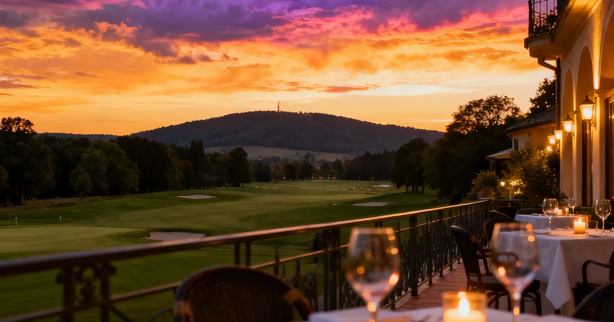 Sonnenuntergang &uuml;ber dem Royal Homburger Golf Club von der Panoramaterrasse des Passions Restaurant &ndash; einziges Restaurant in Bad Homburg mit direktem Sonnenuntergangs-Blick