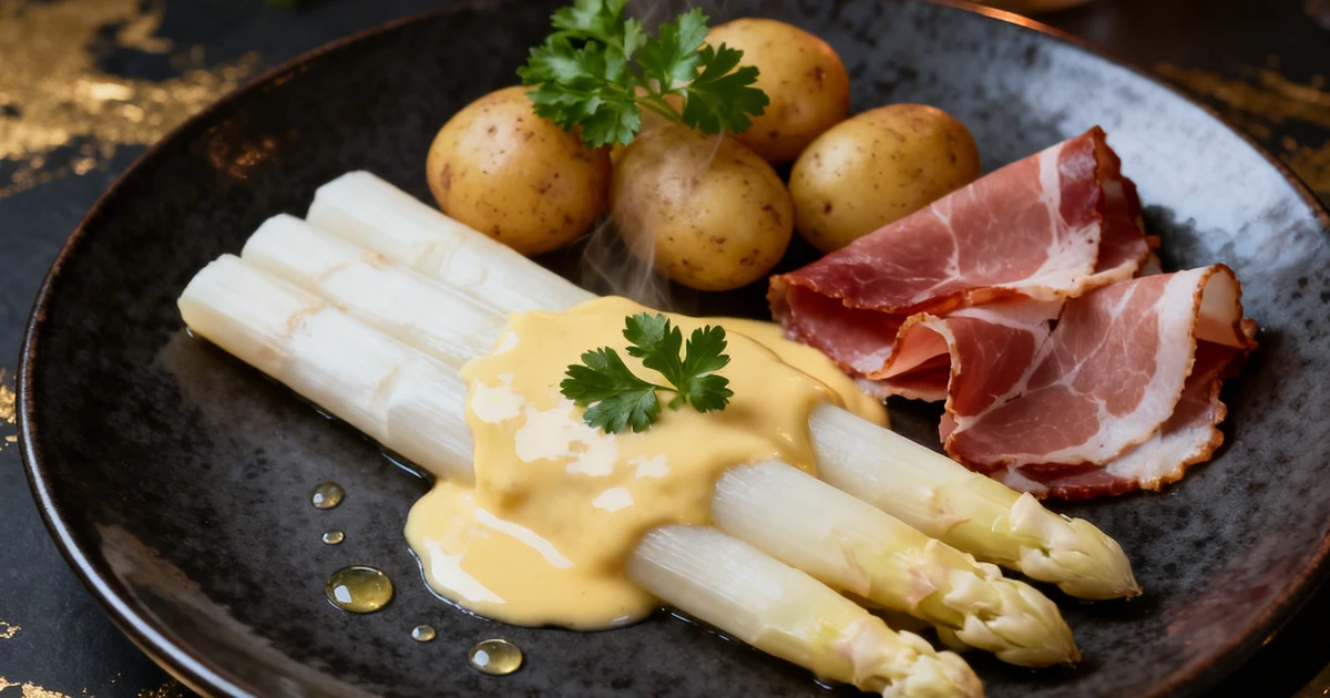 Wei&szlig;er Spargel mit Hollandaise, neuen Kartoffeln und Schinken &ndash; saisonale Spargelkarte im Passions Restaurant Bad Homburg