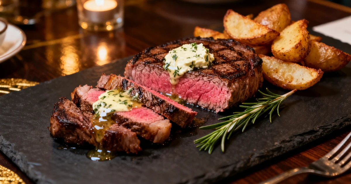 Argentinisches Rumpsteak mit Kr&auml;uterbutter und Bratkartoffeln im Passions Restaurant Bad Homburg